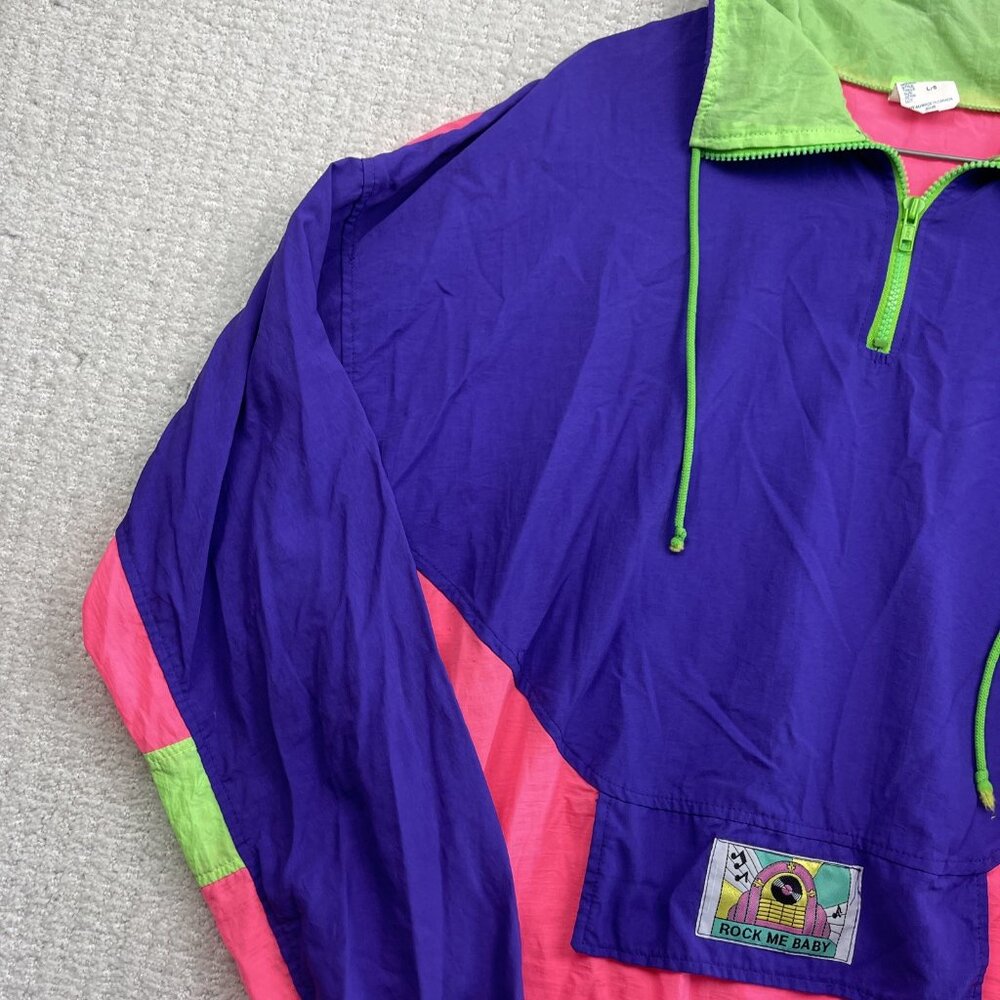 VTG "Rock me Baby" Patch Windbreaker Jacket Sz L Colorblock 90 Neon Bright Retro - Picture 3 of 16